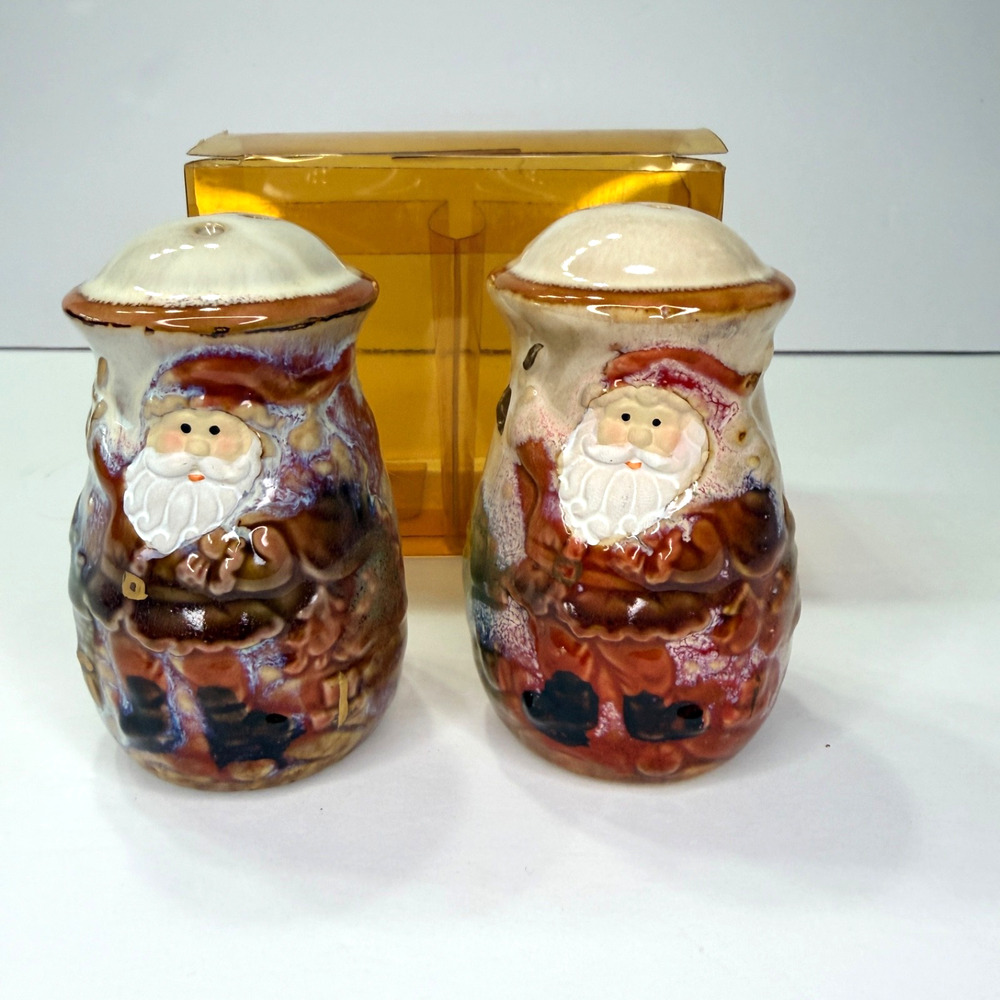 Vintage Drip Glaze Ceramic Santa Salt & Pepper Shakers New In Original Box NOS